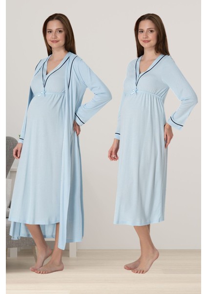 Mavi Sabahlıklı Hamile Lohusa Gecelik Takım
