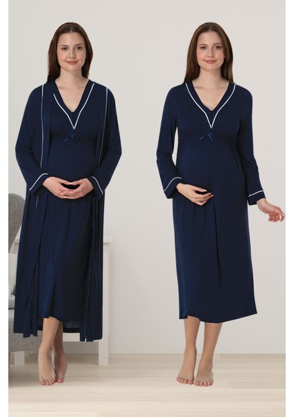 Lacivert Sabahlıklı Hamile Lohusa Gecelik Takım