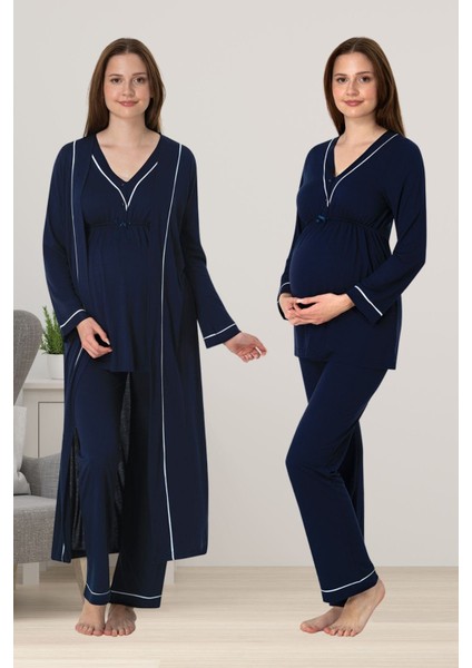 Lacivert Sabahlıklı Hamile Lohusa Pijama Takımı