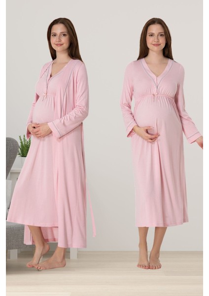 Pembe Sabahlıklı Hamile Lohusa Gecelik Takım
