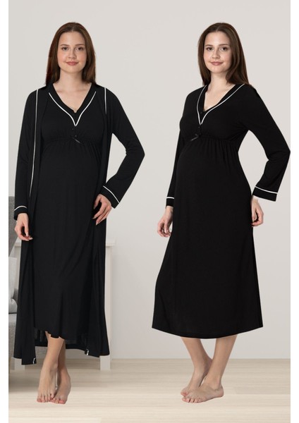 Siyah Sabahlıklı Hamile Lohusa Gecelik Takım