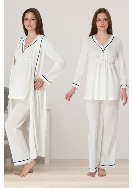 Ekru Sabahlıklı Hamile Lohusa Pijama Takımı
