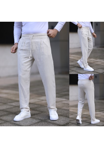 Erkek Keten Müslin Beli Lastikli Pileli Havuç Pantolon