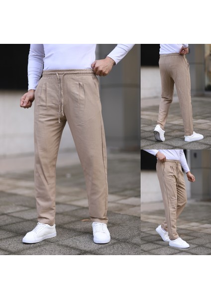 Erkek Keten Müslin Beli Lastikli Pileli Havuç Pantolon