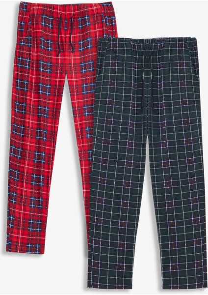 2’li Takım Erkek Kareli Pijama Altı Cepli Bol Kalıp Lastikli Ipli Yumuşak Relax Fit Yeşil-Kırmızı Alt