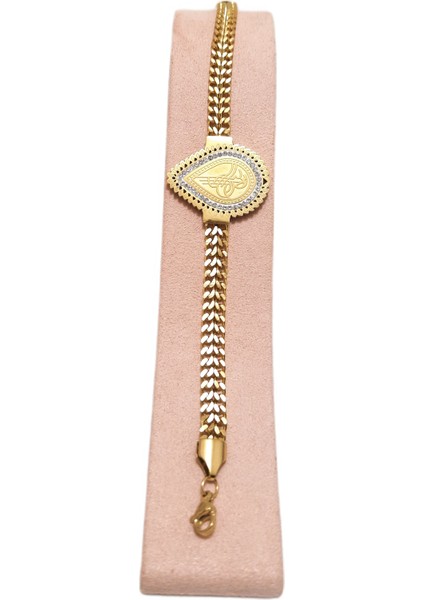 Çelik Bileklik Damla Figürlü Tuğralı Taşlı Hasır Kordon Kalınlık 0.1 mm Genişlik 0,6 mm 17 cm Gold