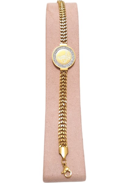 Çelik Bileklik Tuğralı Taşlı Hasır Kordon Kalınlık 0.1 mm Genişlik 0,6 mm 17 cm Altın Sarısı (Gold)