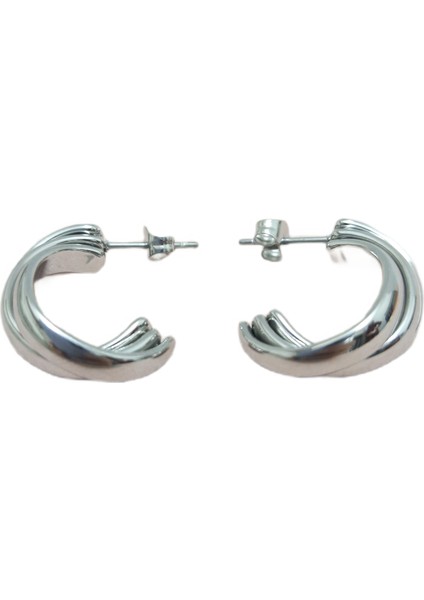 Çelik Küpe Burgu Motifli 3'lü Yarım Halkalı 1 cm Genişlik 2 cm Uzunluk Gümüş (Silver)