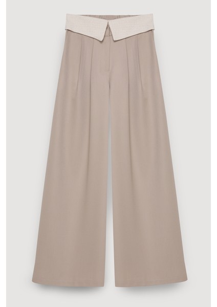 Beli Match Detaylı Bol Paça Pantolon Bej