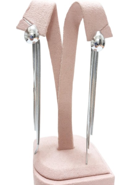 Çelik Küpe Damla Figürlü 8 cm Sallantılı Üç Italyan Ezme Zincir Gümüş Silver