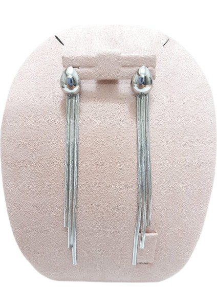 Çelik Küpe Damla Figürlü 8 cm Sallantılı Üç Italyan Ezme Zincir Gümüş Silver