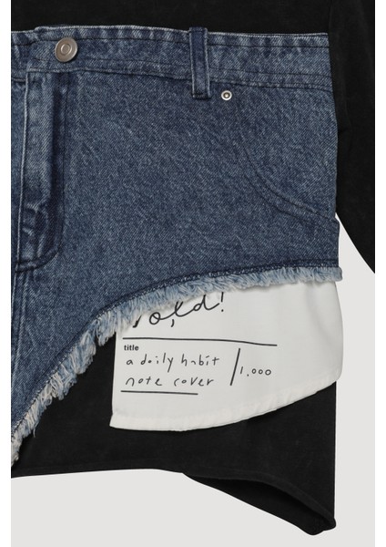Denim Detaylı Püsküllü Crop Tişört Siyah