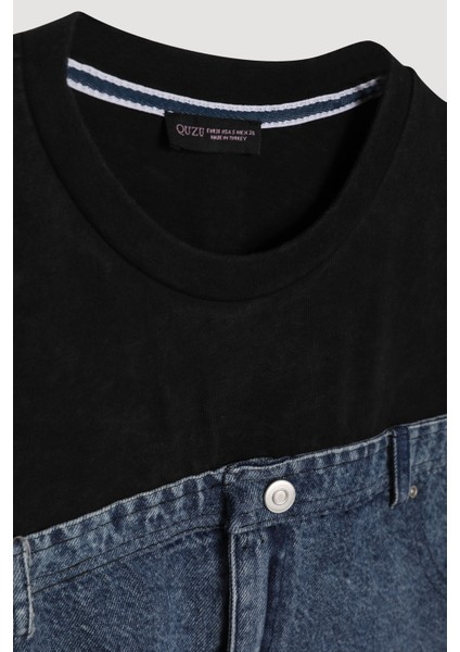 Denim Detaylı Püsküllü Crop Tişört Siyah