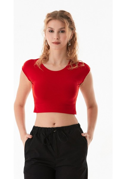 Basic Bisiklet Yaka Crop Tişört