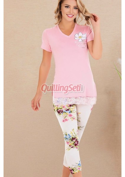 Pembe Renk ve Çiçekli Pamuklu Kadınların Tercihi Lady 12077 Kapri ve Taytlı Pijama Takımı modelleri