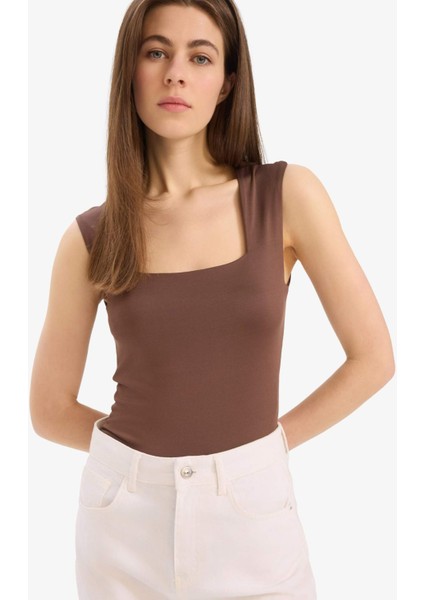 Slim Fit Dar Kesim Kare Yaka Basic Düz Çıtçıtlı Body E9045AX25SP