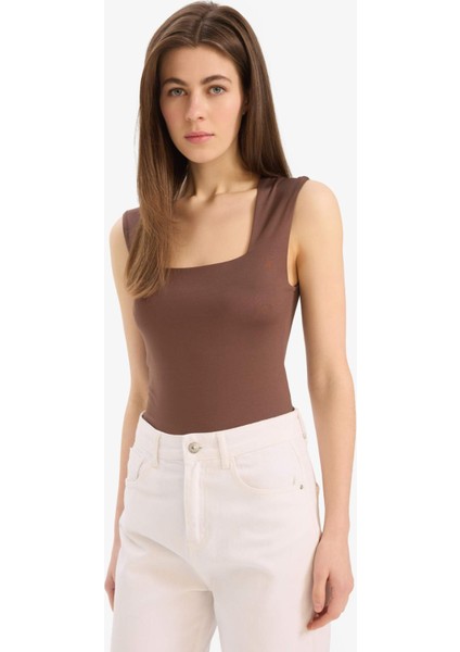 Slim Fit Dar Kesim Kare Yaka Basic Düz Çıtçıtlı Body E9045AX25SP