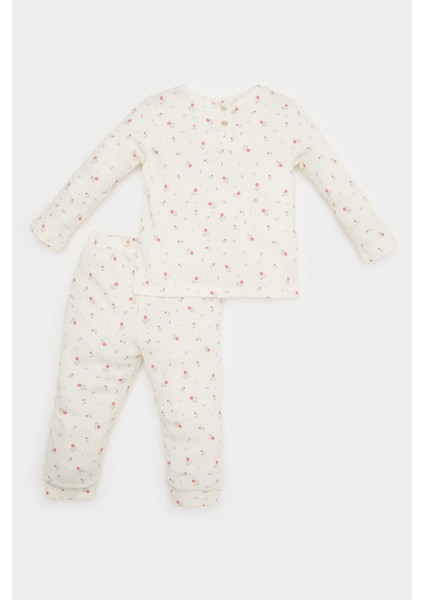 Kız Bebek Çiçekli Waffle Pijama Takımı Uzun Kollu Üst Beli Lastikli Uzun Alt E0762A525SP