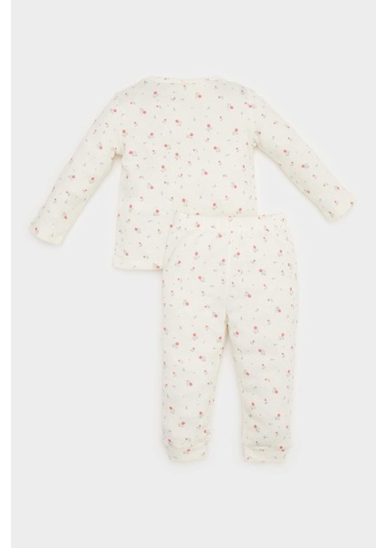 Kız Bebek Çiçekli Waffle Pijama Takımı Uzun Kollu Üst Beli Lastikli Uzun Alt E0762A525SP