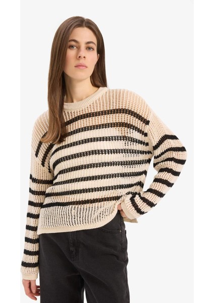 Regular Fit Bisiklet Yaka Çizgili Triko Kazak E6994AX25SM