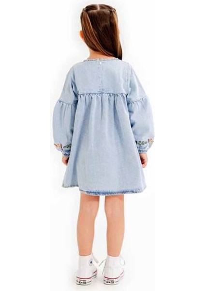 Çiçek Nakış Detaylı Kot Elbise kız çocuk - Açık Mavi fiyatları