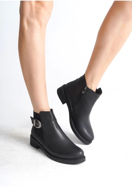 Luna Fermuarlı Lastikli Ortopedik Taban Suya ve Soğuğa Dayanıklı Topuklu Cilt Kadın Bot St Siyah