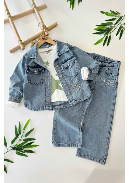 Yıldız Taş Işleme Detaylı Kot 3 Lü Kız çocuk takım - Yeşil