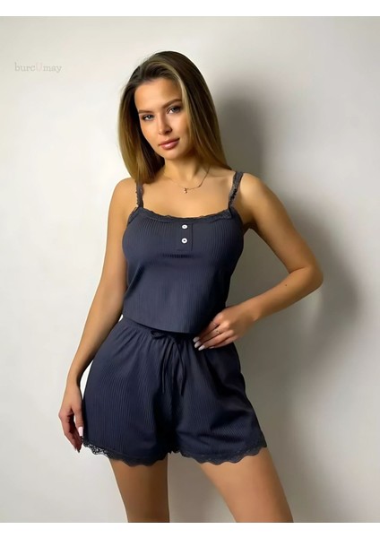 Kadın Dantel Detaylı Safir Mavi Kolsuz Askılı Mini Yazlık Pijama Takımı