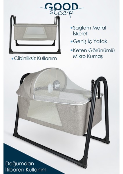 Ironika Good Sleep Portatif Sallanır Anne Yanı Cibinlikli Bebek Beşiği Bebek Yatağı Beşik - Açık Gri