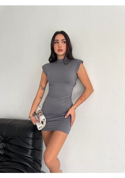 Yarım Bogazlı Kolsuz Mini Boy Elbise - Gri