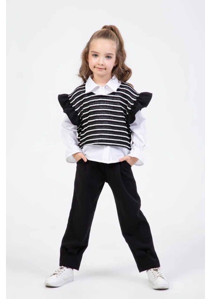 Çizgili Desenli Gömlekli Kız Çocuk 3 lü takım - Siyah