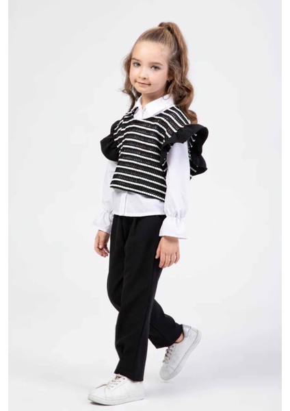 Çizgili Desenli Gömlekli Kız Çocuk 3 lü takım - Siyah modelleri