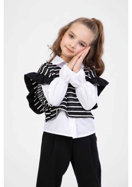 Çizgili Desenli Gömlekli Kız Çocuk 3 lü takım - Siyah fırsatları