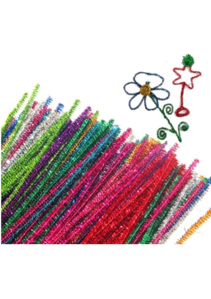 100 Adet Simli Şönil , Tüylü Tel, 30 Cm, Eğitici Şönil Seti, Peluş Tel