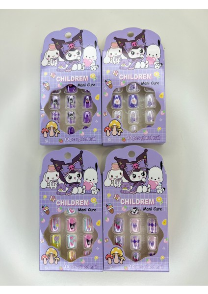 Yeni-Kuromi Sanrio Çoçuk Takma Tırnak Yapışkanlı Çoçuklar İçin Takma Tırnak 12 li