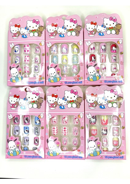 Yeni - Hello Kitty Çoçuk Takma Tırnak Yapışkanlı Çoçuklar İçin Takma Tırnak 1 Paket 12 Li