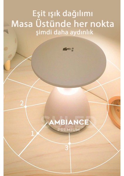 Mantar Masa Lambası Beyaz USB Şarjlı Dokunmatik 3 Modlu Ambiyans Gece Lambası