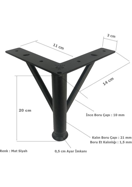 Firkete Ayak Metal 20 cm Mat Siyah Mobilya Koltuk Ayağı