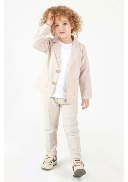 Keten Ceketli Spor Erkek Çocuk 3 lü takım - Bej