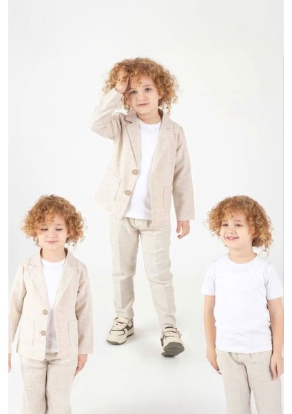 Keten Ceketli Spor Erkek Çocuk 3 lü takım - Bej modelleri