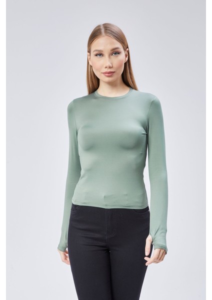 Basic Bisiklet Yaka Uzun Kollu Slim Fit Kadın Body T-Shirt