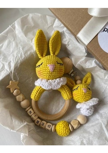 Hoşgeldin Bebek, Yenidoğan Bebek Hediye Seti Isme Özel Emzik, Amigurumi Çıngırak