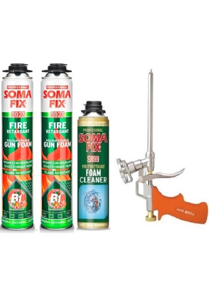 2 Adet 750 ml Somafix Tabancalı B1 Yangına Dayanıklı Poliüretan Köpük Köpük Tabancası Köpük Temizleyici Set