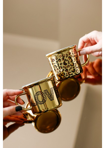 Leoparlı Love Yazılı Ikili Gold Arkadaş Kahve Kupası, Özel Gün Hediyelik Kahve Fincanı