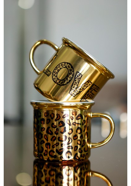 Leoparlı Love Yazılı Ikili Gold Arkadaş Kahve Kupası, Özel Gün Hediyelik Kahve Fincanı fiyatları