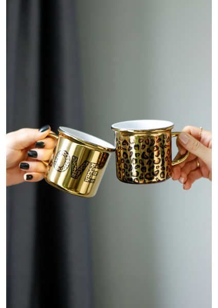 Leoparlı Love Yazılı Ikili Gold Arkadaş Kahve Kupası, Özel Gün Hediyelik Kahve Fincanı modelleri