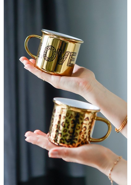 Leoparlı Love Yazılı Ikili Gold Arkadaş Kahve Kupası, Özel Gün Hediyelik Kahve Fincanı fırsatları