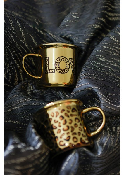 Leoparlı Love Yazılı Ikili Gold Arkadaş Kahve Kupası, Özel Gün Hediyelik Kahve Fincanı indirimleri