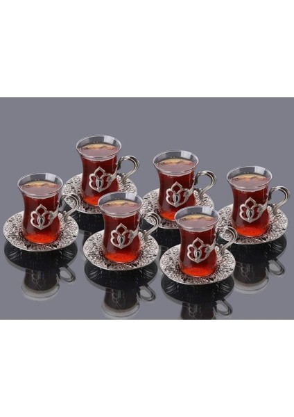 Busem Harman 6 Kişilik 12 Parça Gümüş Renk Dekotarif Çay Seti