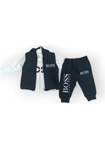 Baby Marka Baskılı Bossa Desen Baskı Yelekli Üçlü Takım Unisex 9-36 Ay